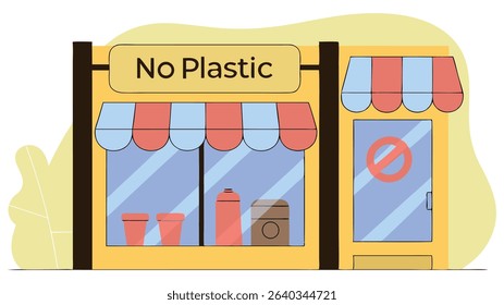 Colorful illustration of a storefront with a No Plastic sign, featuring vibrant awnings and containers, promoting eco-friendly practices and sustainability in a modern urban setting