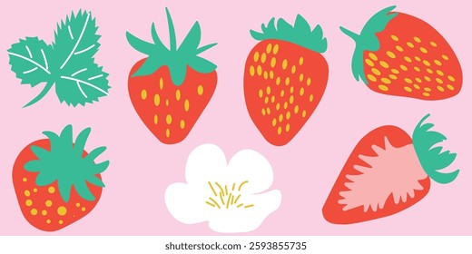 Ilustração colorida de morangos com folhas e flor no fundo rosa. Ilustração brilhante de morangos vermelhos, folhas verdes, e uma flor branca contra um fundo rosa, apresentando fresco 