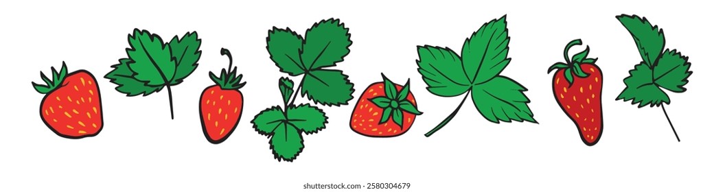 Colorful illustration of strawberries and leaves, ideal for prints, packaging, children's books, and decorative art projects to add a fresh touch.