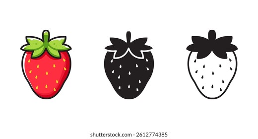 Colorful Illustration of Strawberry in Three Styling Variations on White Background