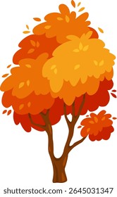 Colorful illustration of a stylized autumn tree with falling leaves showing warm colors, representing nature, seasons, and the beauty of fall foliage on a clean white background
