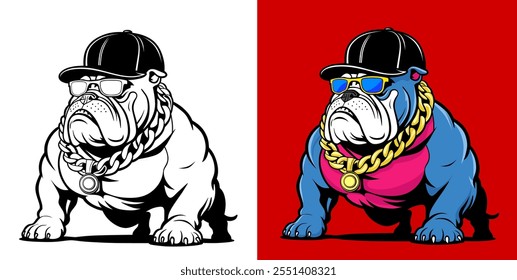 Colorful illustration of a stylized bulldog dog with blue glasses, gold chain and black hat, presenting a trendy urban atmosphere.