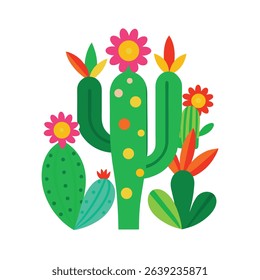 Colorful illustration of stylized cactus flowers and desert plants