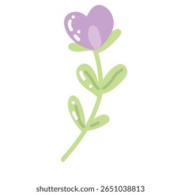 Ilustração colorida de uma flor de primavera estilizada com uma flor roxa em forma de coração. Esta ilustração vetorial transmite a harmonia da natureza e é perfeita para temas de jardinagem, arte de parede ou marca floral