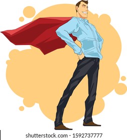 Colorful illustration of successful heroic businessman with red cloak standing in heroic pose
