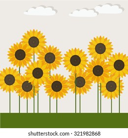 Colorful illustration with sunflowers and clouds. Abstract garden template for card
