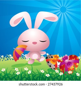 Colorful illustration of a sweet Easter bunny walking in a spring field.