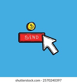 Colorful illustration symbolizing online transactions and payment processes with a red send button, gold coin, and white arrow pointer on a blue background.