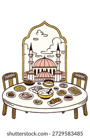 A colorful illustration of a table set with various dishes and a mosque in the background. The table is round and white, with two chairs on either side. The mosque is pink and white with a large dome and minarets. The sky is white with a few clouds. The image represents a blend of culture, tradition, and cuisine.