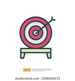 A colorful illustration of a target with an arrow hitting the center, symbolizing goal achievement and focus. Flat line style icon