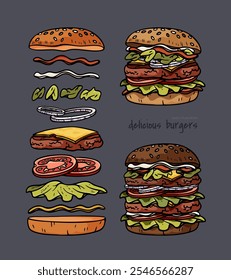 Ilustração colorida de hambúrgueres saborosos e ingredientes em camadas no fundo escuro