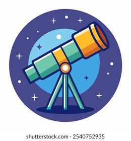 A colorful illustration of a telescope on a tripod, perfect for adding a touch of whimsy to your designs. This fun and playful graphic is ideal for astronomy-themed projects, educational materials.