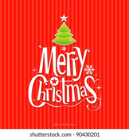 Colorful illustration text design and christmas green tree on red background