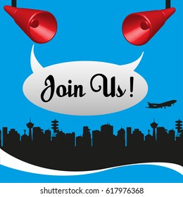 Colorful illustration with the text join us coming out from two red megaphones