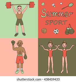 Colorful illustration of three athletes engaged in different kinds of sports - boxer, weightlifter, synchronized swimming. Cute illustration drawn by hand in cartoon style