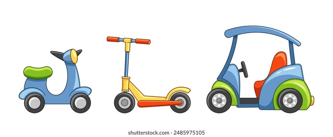 Colorful Illustration Of Three Cute Vehicles For Kids, Scooter, Kick Scooter And Car. Bright And Cheerful Transport