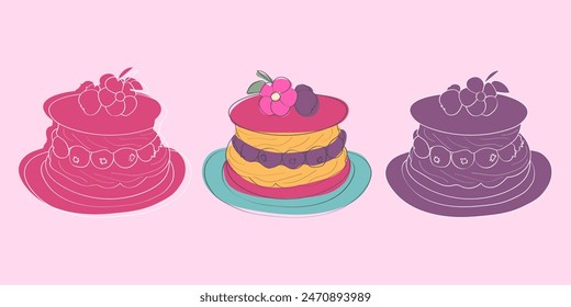 A colorful illustration of three layered cakes, each topped with various fruit, including berries and a flower.