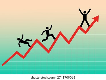 A colorful illustration of three stick figures climbing a jagged red line graph on a green grid background with a peach-colored top, symbolizing business growth and success.