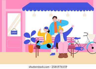 A colorful illustration of three young people sitting on a pink bench outside a cafe. One person is waving, another is making a peace sign, and the third is smiling.