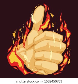 Colorful illustration of thumbs up symbol with burning hand