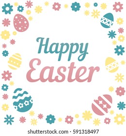 Colorful illustration with the title Happy Easter and flowers on white background