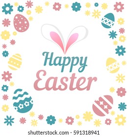 Colorful illustration with the title Happy Easter and flowers on white background