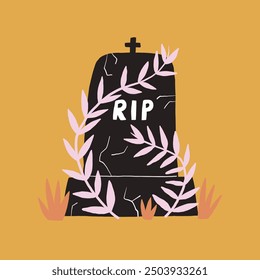 Colorful illustration of a tombstone with RIP inscription surrounded by flowers and leaves, symbolizing remembrance and peace