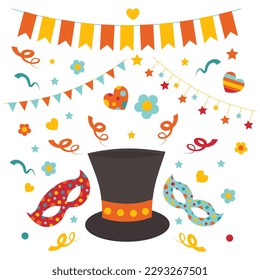A colorful illustration of a top circus hat and a holiday banners with mardi gras theater masks.