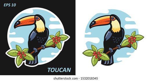 Colorful illustration of a Toucan bird sitting on a branch with green leaves, made in bright colors. Vector illustration.