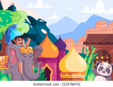 Colorful illustration tourism in Himalaya China and India kids riding elephant panda bamboo and architecture landmark