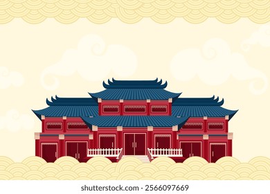 A colorful illustration of a traditional Chinese temple with a red facade and a blue tiled roof