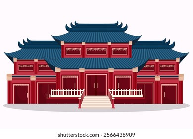 A colorful illustration of a traditional Chinese temple with a red facade and a blue tiled roof