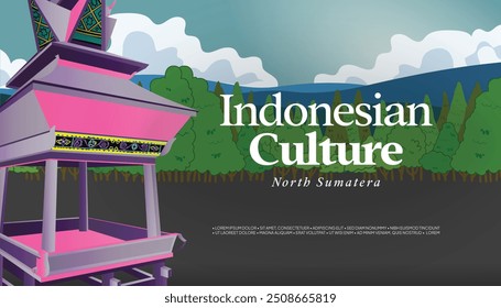 Colorful illustration traditional house Indonesian Sumatera culture art