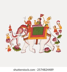 Colorful illustration of a traditional Indian elephant parade with people in vibrant attire, featuring ornate decorations and cultural elements. Vintage illustration isolated on white, vector.