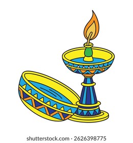 A colorful illustration of a traditional oil lamp (Diya) with a bright flame