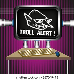 Colorful illustration with a troll alert sign on a computer screen. Internet trolling concept