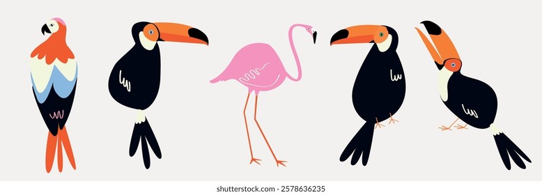 Colorful illustration of tropical birds, including toucans and a flamingo. Bright, vibrant colors highlight the tropical theme with toucans and flamingo. Animal illustrations, isolated vector set.