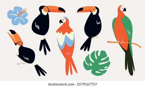 Colorful illustration of tropical birds, including toucans and parrots, with vibrant feathers. Tropical birds and leaves create a lively, exotic scene. Animal illustrations, isolated vector set.