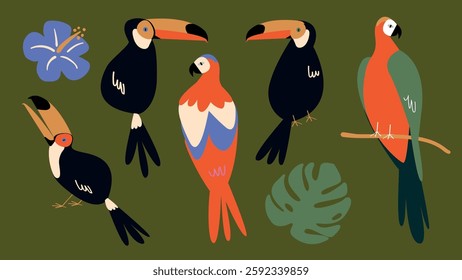 Colorful illustration of tropical birds, including toucans and parrots, with vibrant feathers. Tropical birds and foliage create a lively, exotic scene. Animal illustrations, isolated vector set.