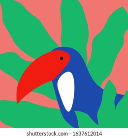 Colorful illustration of tropical toucan. Blue bird with green plants