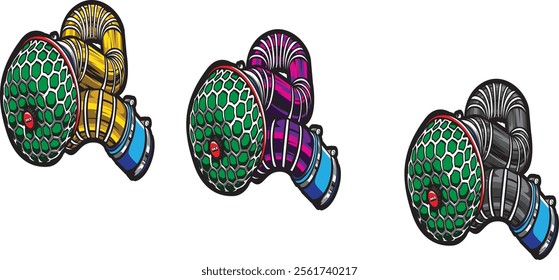 Colorful illustration of turbochargers with vibrant designs, highlighting innovation and precision in automotive engineering, perfect for car enthusiasts and tech art lovers