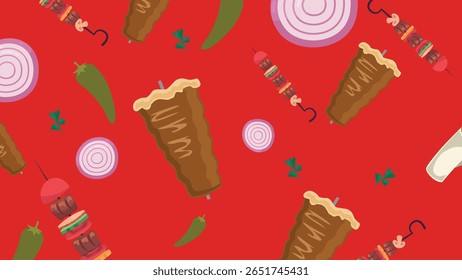 Ilustração colorida de espetinhos de carne de estilo turco com cebolas e salsa em um fundo vermelho vibrante, perfeito para temas de design culinário e cultural.
