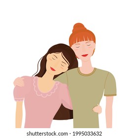 Colorful illustration of two adult women hugging and supporting each other. Vector illustration isolated on a transparent background. 