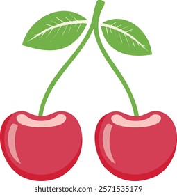 A colorful illustration of two bright red cherries with green stems and leaves, featuring a glossy finish and a cartoon style