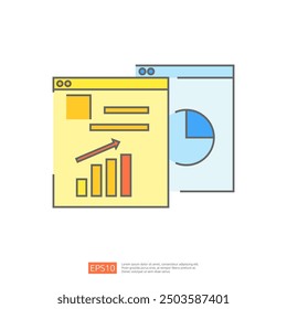 Colorful illustration of two browser windows, one displaying a graph and the other a pie chart, representing data analysis and web analytics. Vector eps10.