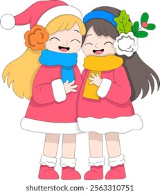 A colorful illustration of two cheerful girls dressed in bright winter outfits including pink coats scarves and festive accessories such as holly and a Santa hat