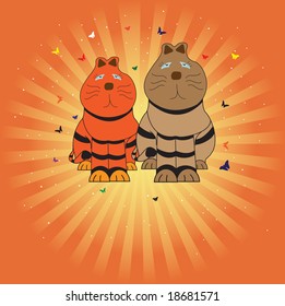 Colorful illustration with two colored cats and small butterflies around them