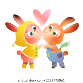 Colorful illustration of two cute rabbits in love kissing. Baby rabbits dressed in clothes hugging and loving, valentines day character design. Vector character design for children greeting card.