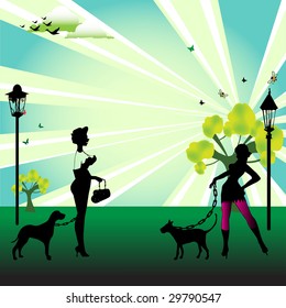 Colorful illustration with two female silhouettes and their dogs in a park. Dog owners