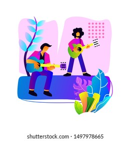 Colorful illustration of two people playing guitar, fantasy plant background. - Vector.